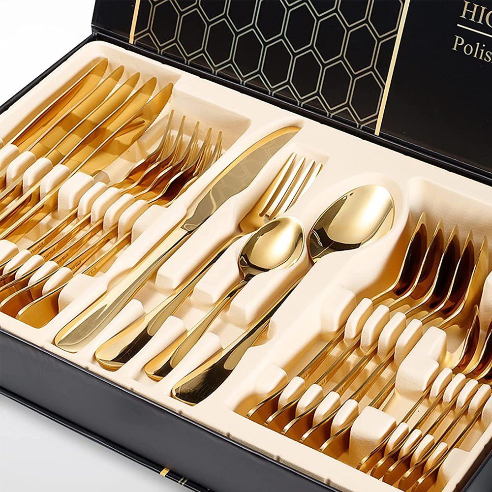 Set 24 tacamuri din inox, Quasar & Co.®, 6 x cutite, 6 x linguri, 6 x furculite, 6 x lingurite, 40 x 25.5 x 5.5 cm, auriu 6 Set 24 tacamuri din inox, Quasar & Co.®, 6 x cutite, 6 x linguri, 6 x furculite, 6 x lingurite, 40 x 25.5 x 5.5 cm, auriu 6