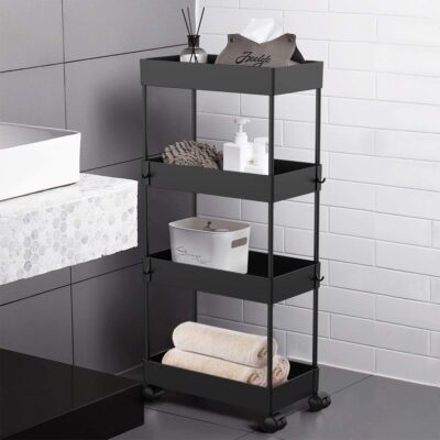 Raft universal depozitare, Quasar & Co.®, cu roti, 4 polite, dreptunghiular, 40 x 18 x 90 cm, ABS/metal, negru 11