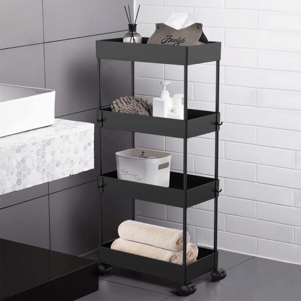 Raft universal depozitare, Quasar & Co.®, cu roti, 4 polite, dreptunghiular, 40 x 18 x 90 cm, ABS/metal, negru - imagine 1
