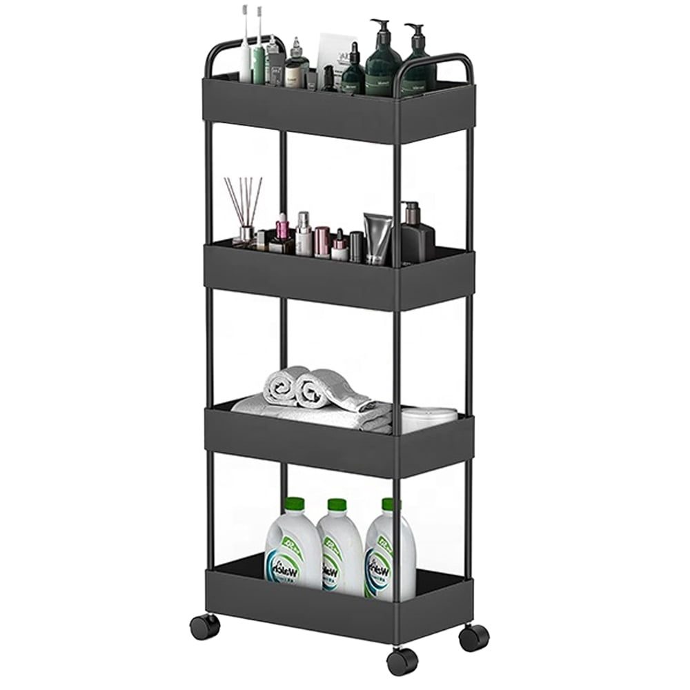 42021004-1 Raft universal depozitare, Quasar & Co.®, cu roti, 5 polite, dreptunghiular, 40 x 18 x 116 cm, ABS/metal, negru