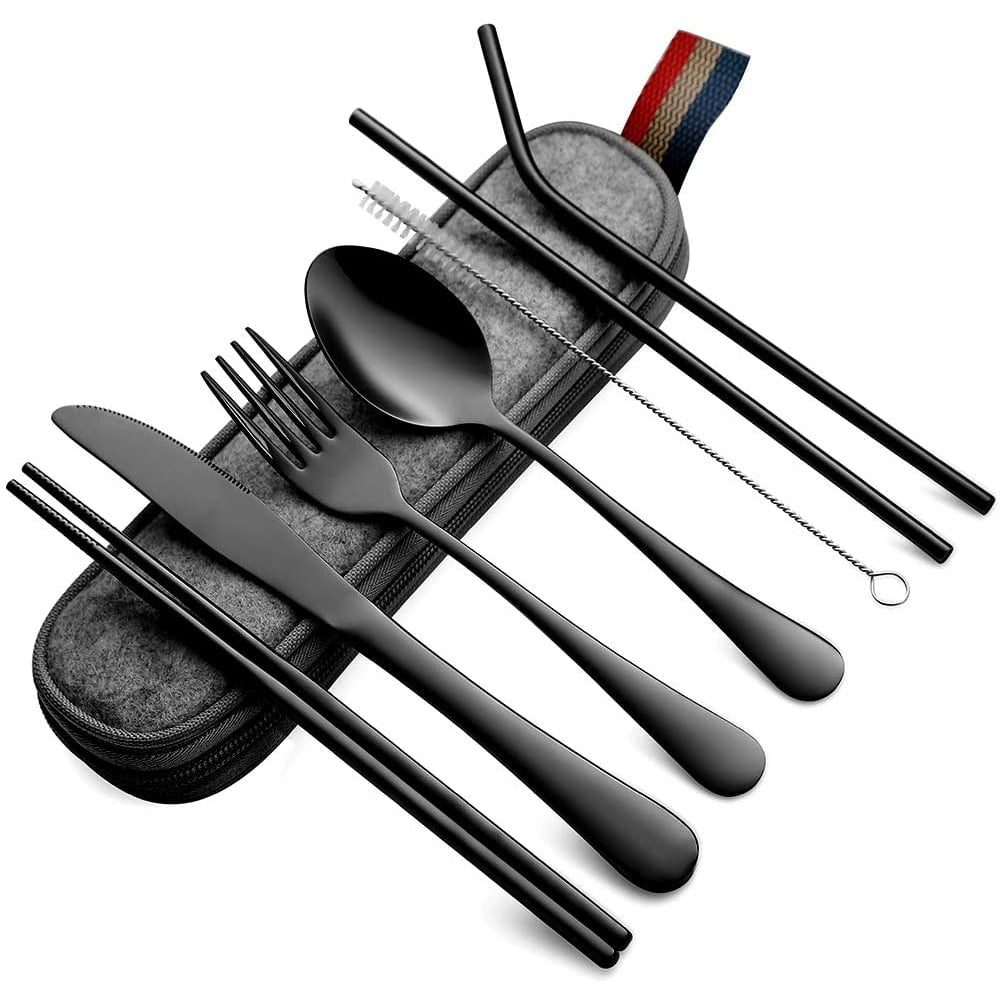 Set tacamuri inox, Quasar & Co.®, pentru birou, calatorii, camping, 7 piese in husa depozitare, 24 x 7 cm, negru