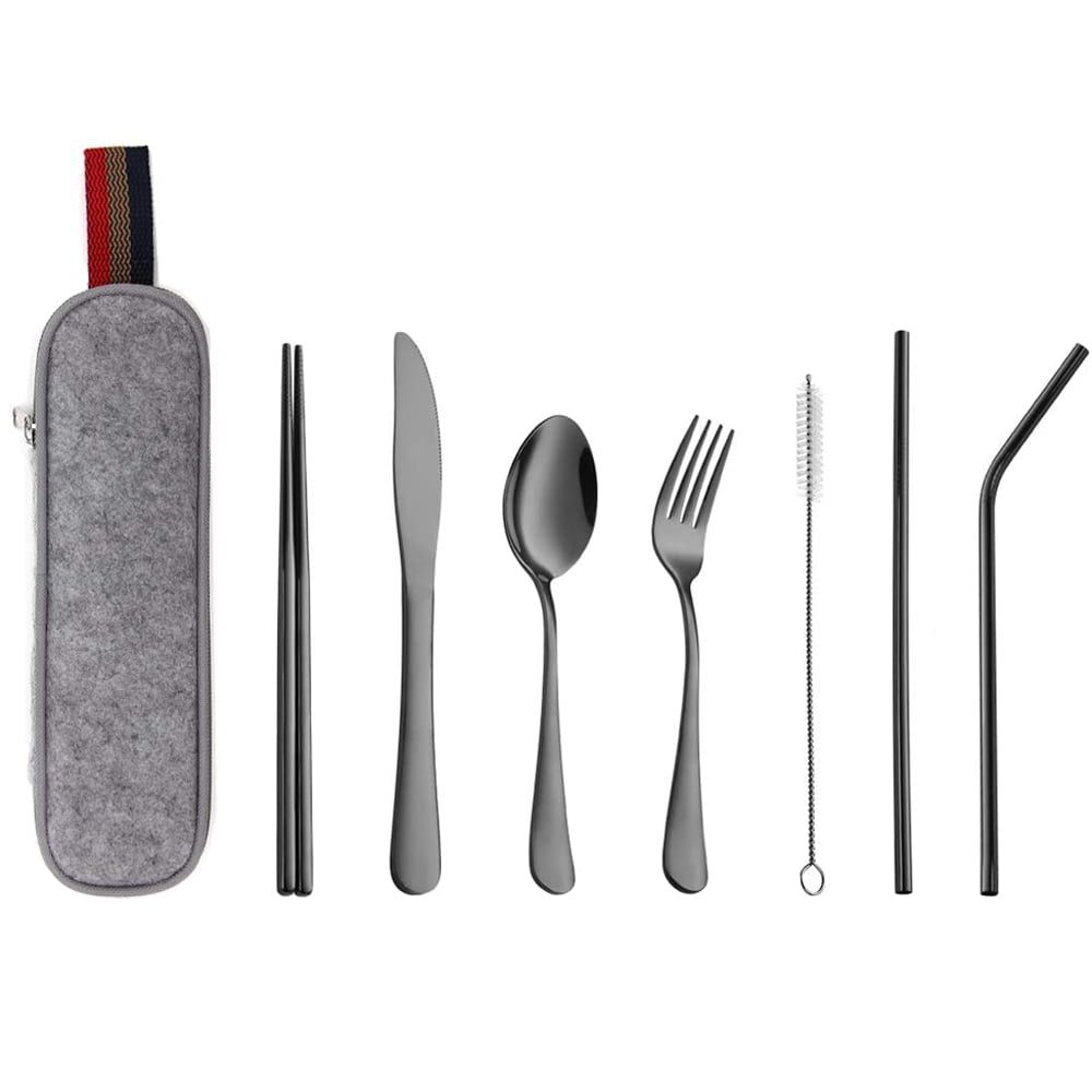 Set tacamuri inox, Quasar & Co.®, pentru birou, calatorii, camping, 7 piese in husa depozitare, 24 x 7 cm, negru 2