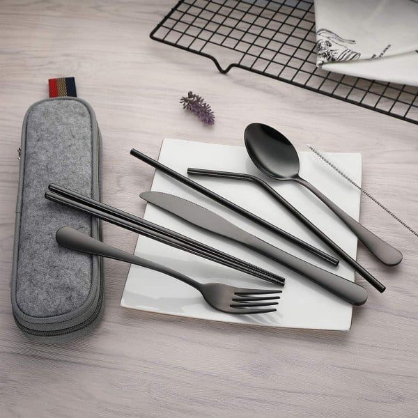Set tacamuri inox, Quasar & Co.®, pentru birou, calatorii, camping, 7 piese in husa depozitare, 24 x 7 cm, negru - imagine 6