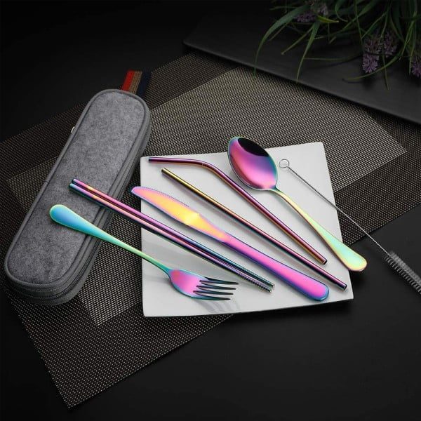 Set tacamuri inox, Quasar & Co.®, pentru birou, calatorii, camping, 7 piese in husa depozitare, 24 x 7 cm, fade - imagine 6