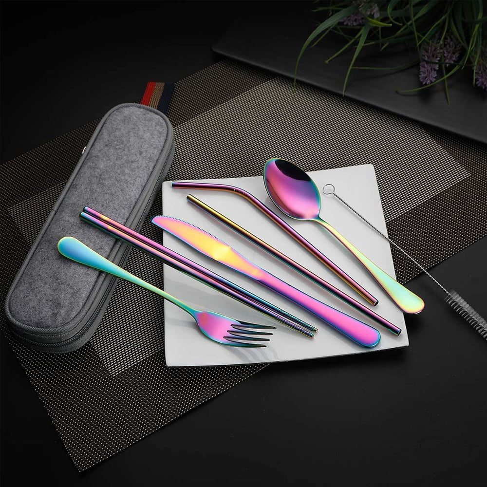 Set tacamuri inox, Quasar & Co.®, pentru birou, calatorii, camping, 7 piese in husa depozitare, 24 x 7 cm, fade 6 Set tacamuri inox, Quasar & Co.®, pentru birou, calatorii, camping, 7 piese in husa depozitare, 24 x 7 cm, fade 6