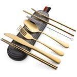 Set tacamuri inox, Quasar & Co.®, pentru birou, calatorii, camping, 7 piese in husa depozitare, 24 x 7 cm, gold 8 Set tacamuri inox, Quasar & Co.®, pentru birou, calatorii, camping, 7 piese in husa depozitare, 24 x 7 cm, gold 8