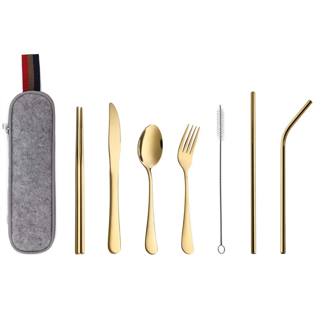 Set tacamuri inox, Quasar & Co.®, pentru birou, calatorii, camping, 7 piese in husa depozitare, 24 x 7 cm, gold 2 Set tacamuri inox, Quasar & Co.®, pentru birou, calatorii, camping, 7 piese in husa depozitare, 24 x 7 cm, gold 2