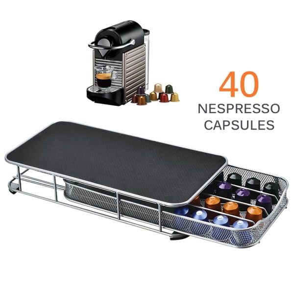 Suport pentru 40 capsule, Quasar & Co.®, compatibil Tassimo Nespresso, cu suport cafetiera, stand orizontal, 37,5 x 18,5 x 6,5 cm, metal/silicon, argintiu-negru - imagine 7