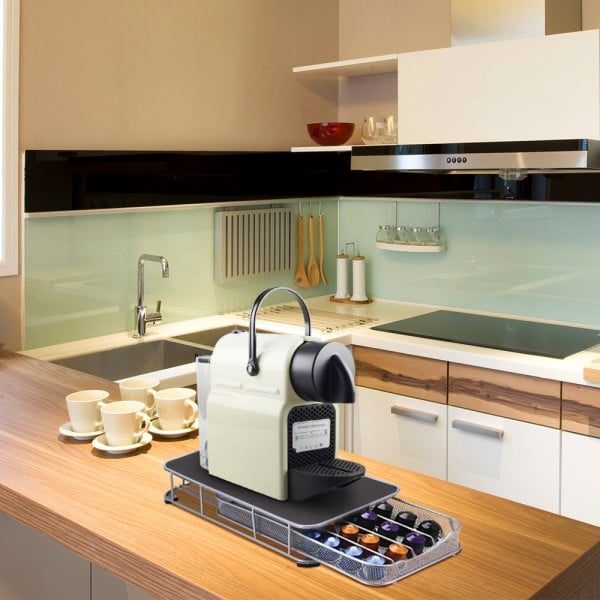 Suport pentru 40 capsule, Quasar & Co.®, compatibil Tassimo Nespresso, cu suport cafetiera, stand orizontal, 37,5 x 18,5 x 6,5 cm, metal/silicon, argintiu-negru - imagine 9