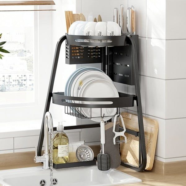 Scurgator de vase Quasar & Co.®, etajat, de colt, cu suport cutite si tacamuri, metal, 32 x 32 x 52,5 cm, negru - imagine 8