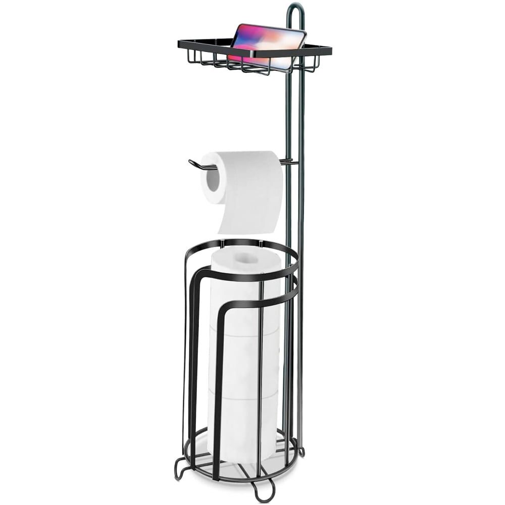 Suport hartie igienica, Quasar & Co.®, cu raft depozitare si raft servetele umede, 17 x 15 x 64 cm, metal negru 2