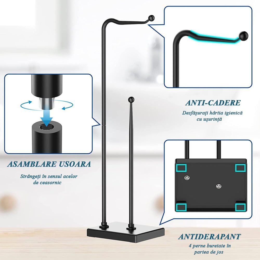 Suport hartie igienica, Quasar & Co.®, cu raft depozitare, 15 x 18.5 x 64 cm, metal negru 5 Suport hartie igienica, Quasar & Co.®, cu raft depozitare, 15 x 18.5 x 64 cm, metal negru 5