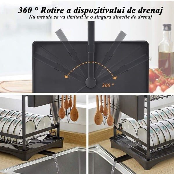 Scurgator de vase Quasar & Co.®, etajat, cu suport cutite si tacamuri, suport pahare, tava scurgere, 42,5 x 31 x 41 cm, metal, negru - imagine 5