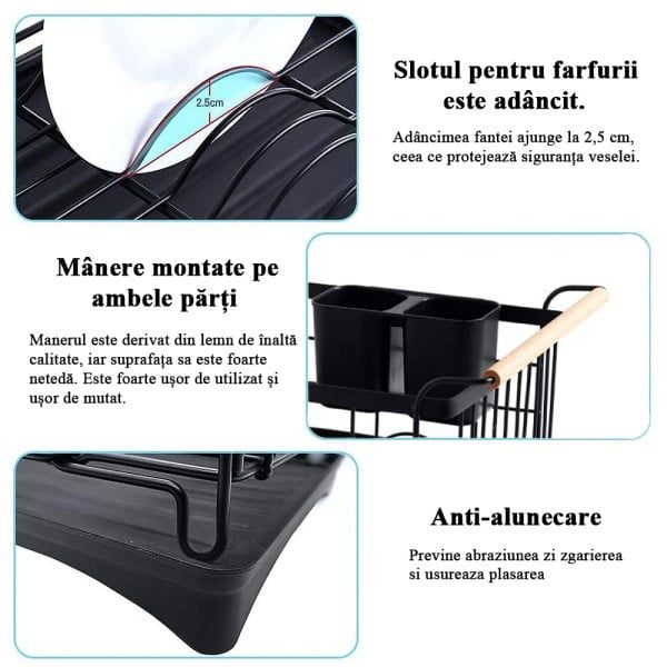 Scurgator de vase, Quasar & Co.®, cu suport tacamuri, manere lemn, tava scurgere, metal, 42 x 30 cm, negru - imagine 6