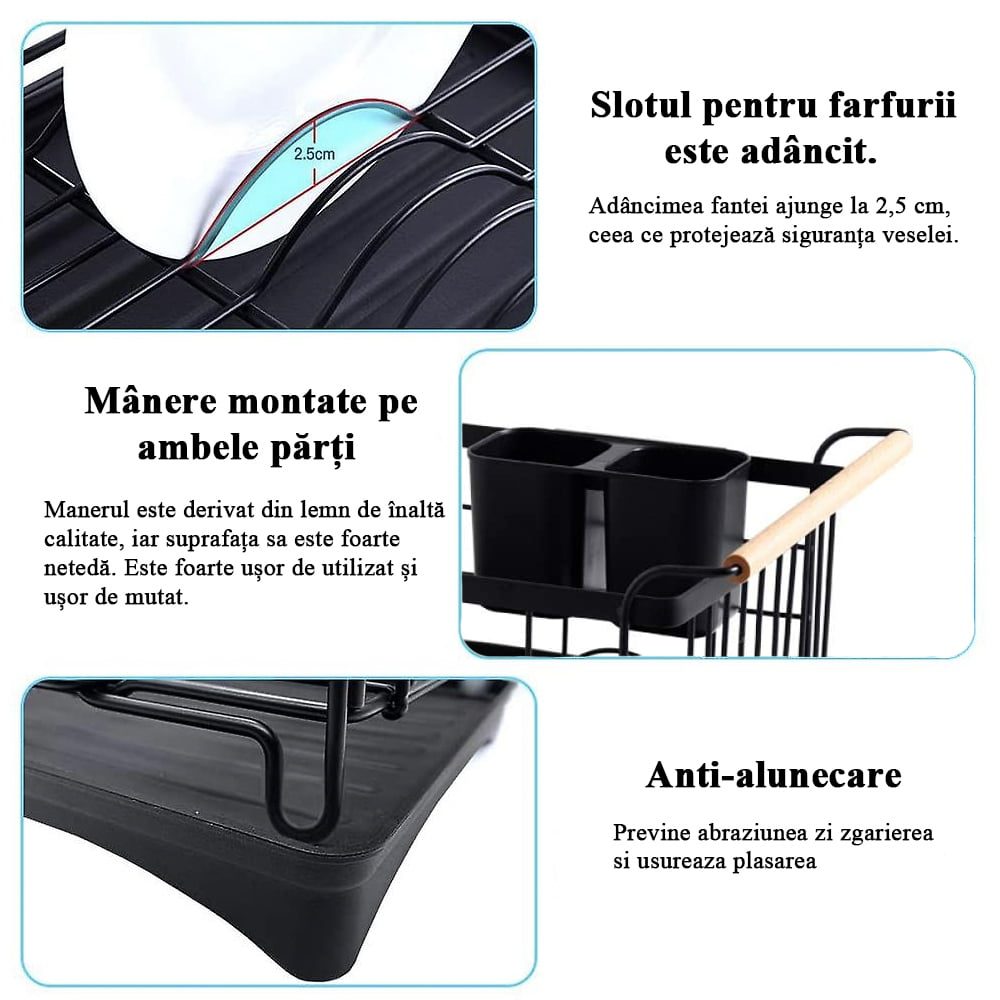 Scurgator de vase, Quasar & Co.®, cu suport tacamuri, manere lemn, tava scurgere, metal, 42 x 30 cm, negru 6