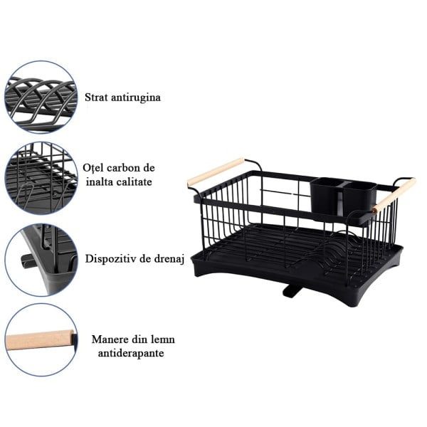 Scurgator de vase, Quasar & Co.®, cu suport tacamuri, manere lemn, tava scurgere, metal, 42 x 30 cm, negru - imagine 7