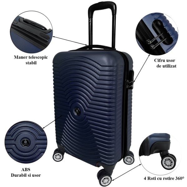 Troler cabina avion, Quasar & Co.®, Model Air Circle, 4 roti, ABS, inchidere cifru, 58 x 36 x 20 cm, bleumarin - imagine 4