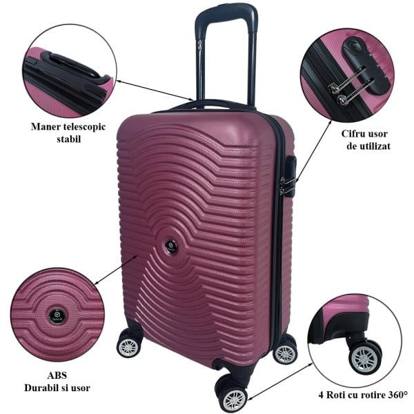 Troler cabina avion, Quasar & Co.®, Model Air Circle, 4 roti, ABS, inchidere cifru, 58 x 36 x 20 cm, roz pudrat - imagine 4