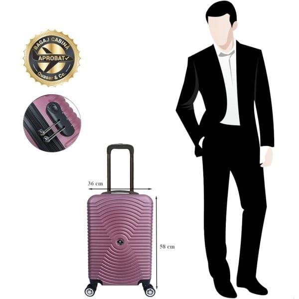 Troler cabina avion, Quasar & Co.®, Model Air Circle, 4 roti, ABS, inchidere cifru, 58 x 36 x 20 cm, roz pudrat - imagine 12