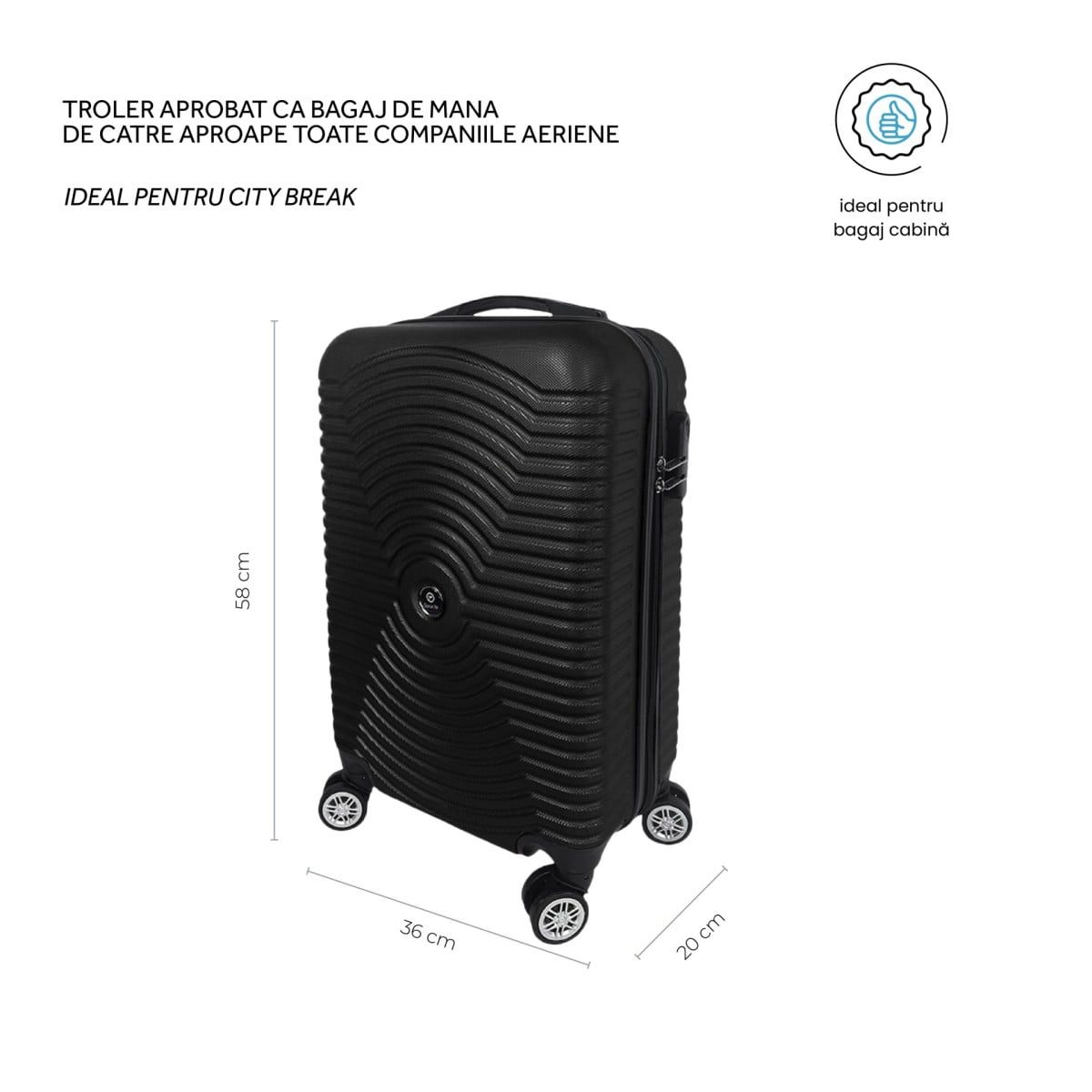 Troler cabina avion, Quasar & Co.®, Model Air Circle, 4 roti, ABS, inchidere cifru, 58 x 36 x 20 cm, negru 3 Troler cabina avion, Quasar & Co.®, Model Air Circle, 4 roti, ABS, inchidere cifru, 58 x 36 x 20 cm, negru 3
