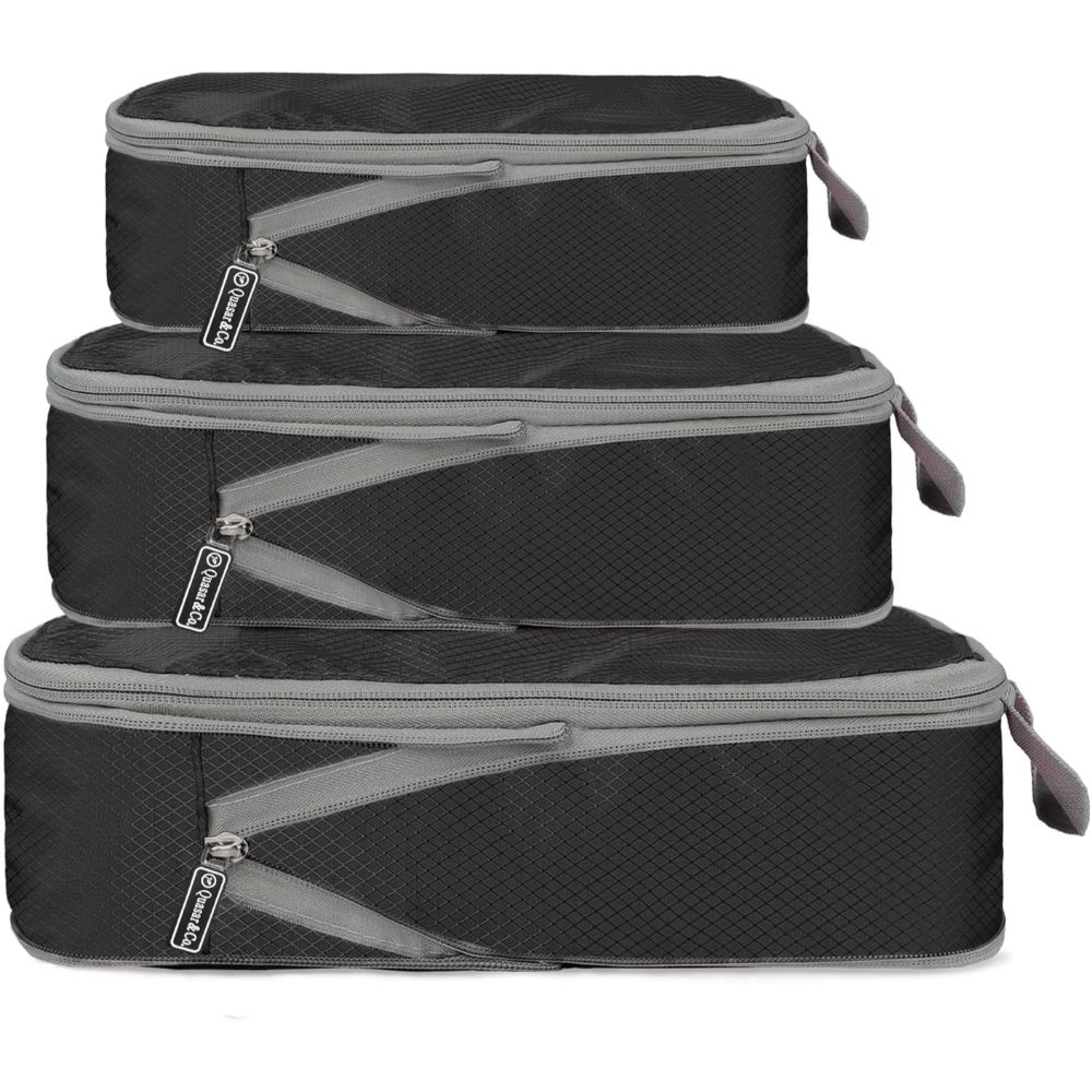 1 Set 3 huse organizare bagaj, Quasar & Co.®, impermeabile, sistem compresie/extensie cu fermoar, negru