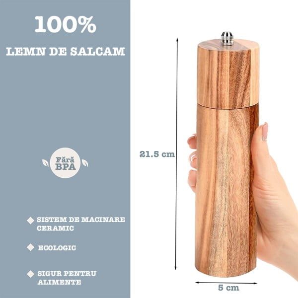 Set 2 rasnite sare/piper, Quasar & Co.®, mecanism ceramic, sistem de macinare ajustabil, lemn salcam, 21.5 x 5 cm, mahon - imagine 3