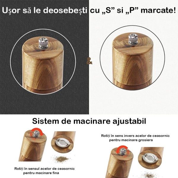 Set 2 rasnite sare/piper, Quasar & Co.®, mecanism ceramic, sistem de macinare ajustabil, lemn salcam, 21.5 x 5 cm, mahon - imagine 6
