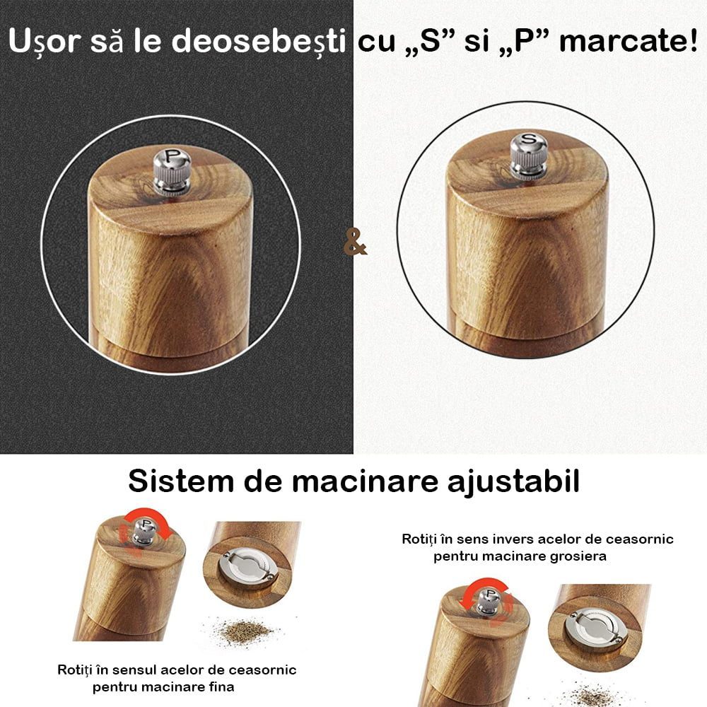 Set 2 rasnite sare/piper, Quasar & Co.®, mecanism ceramic, sistem de macinare ajustabil, lemn salcam, 21.5 x 5 cm, mahon 6 Set 2 rasnite sare/piper, Quasar & Co.®, mecanism ceramic, sistem de macinare ajustabil, lemn salcam, 21.5 x 5 cm, mahon 6