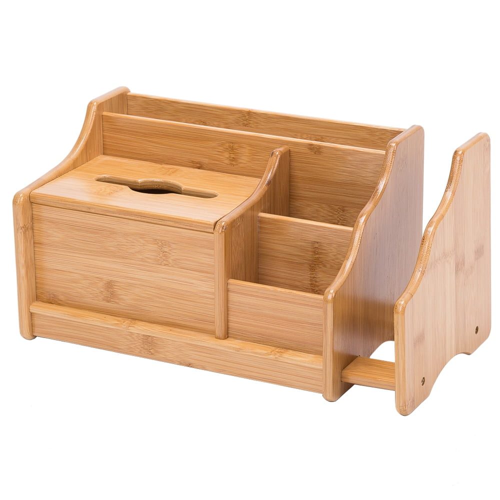 Raft organizator de birou, Quasar & Co.®, extensibil, 5 compartimente, suport servetele, bambus, 30-56.5 x 18.5 x 18 cm, maro 2