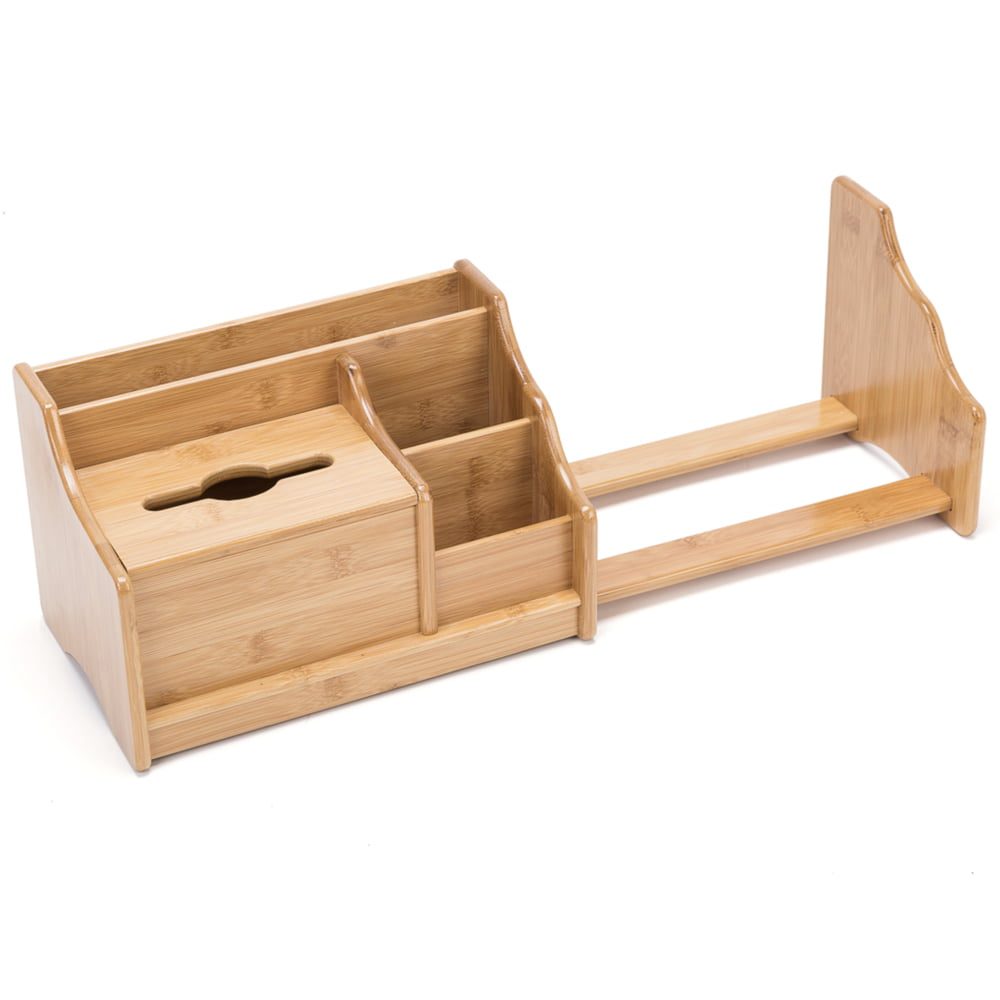 Raft organizator de birou, Quasar & Co.®, extensibil, 5 compartimente, suport servetele, bambus, 30-56.5 x 18.5 x 18 cm, maro 3