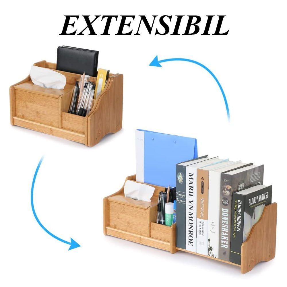 Raft organizator de birou, Quasar & Co.®, extensibil, 5 compartimente, suport servetele, bambus, 30-56.5 x 18.5 x 18 cm, maro 5
