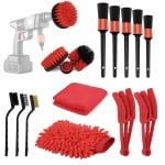 Set 16 piese detailing auto, Quasar & Co.®, pentru curatare interior-exterior masina, 4 x perie bormasina, 5 x pensula, 3 x perie sarma, 1 x manusa, 1 x laveta, 2 x perie grila, rosu-negru 10
