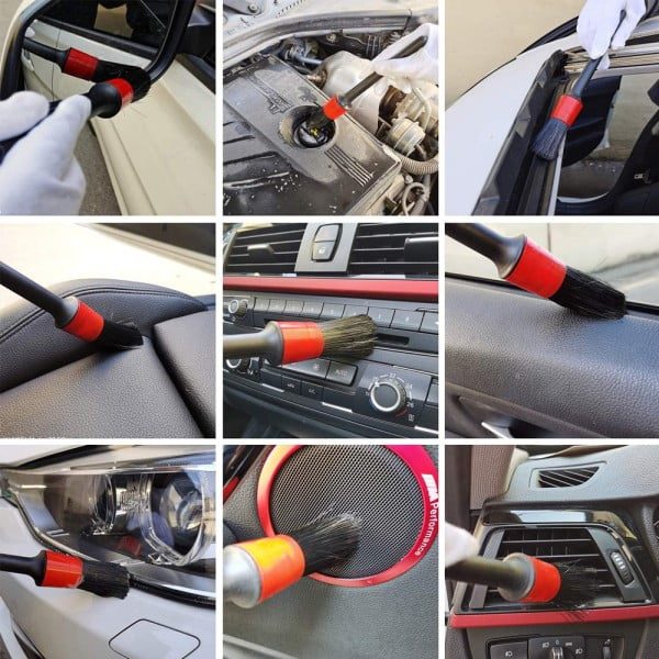 Set 16 piese detailing auto, Quasar & Co.®, pentru curatare interior-exterior masina, 4 x perie bormasina, 5 x pensula, 3 x perie sarma, 1 x manusa, 1 x laveta, 2 x perie grila, rosu-negru - imagine 6