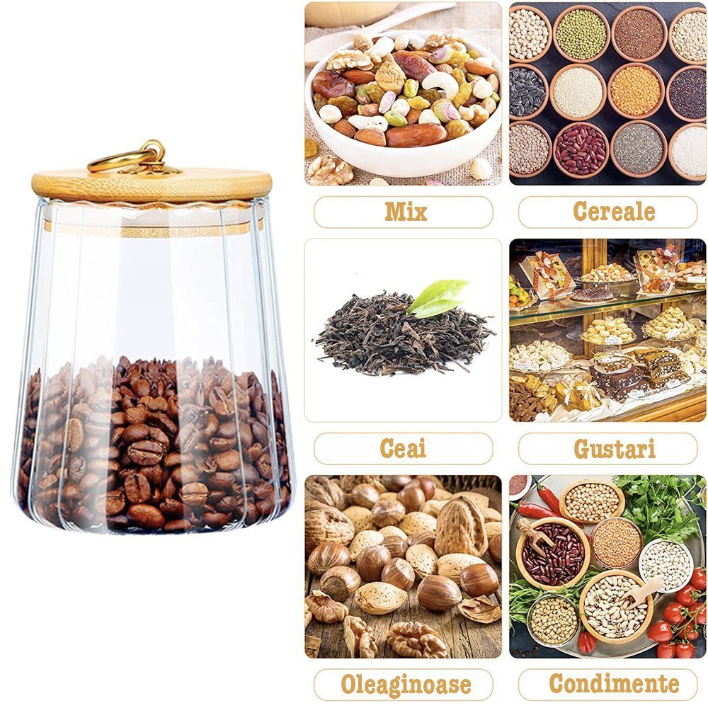 Borcan de sticla cu capac etans din bambus Quasar & Co.®, model drept, agatatoare finisaj auriu/vintage, 600 ml, transparent 5