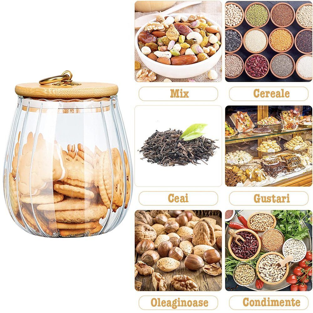 Recipient cu capac bambus Quasar & Co.®, model rotund, agatatoare finisaj auriu/vintage, borcan de sticla cu capac etans, sticla/bambus, 750 ml, transparent 5