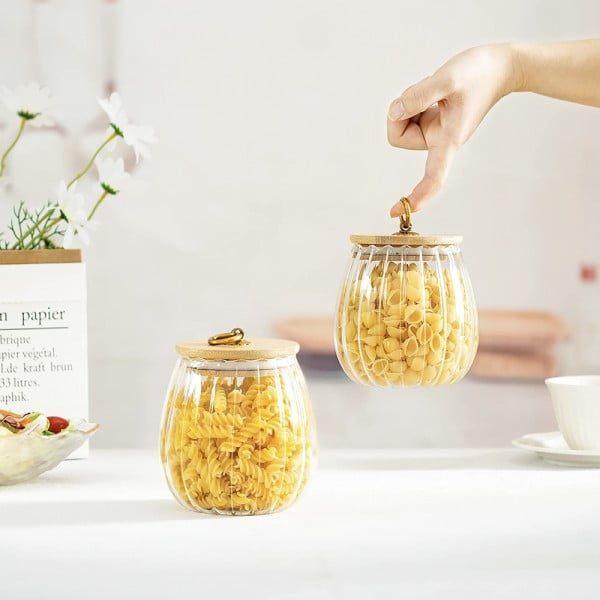 Recipient cu capac bambus Quasar & Co.®, model rotund, agatatoare finisaj auriu/vintage, borcan de sticla cu capac etans, sticla/bambus, 750 ml, transparent - imagine 7