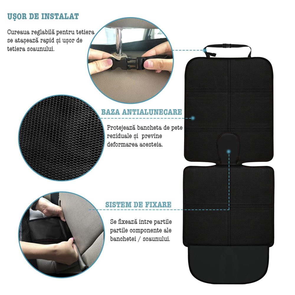 Set 2 huse protectie bancheta auto, Quasar & Co.®, 2 x buzunare depozitare, sistem antialunecare, impermeabil, 122 x 48 cm, negru 4 Set 2 huse protectie bancheta auto, Quasar & Co.®, 2 x buzunare depozitare, sistem antialunecare, impermeabil, 122 x 48 cm, negru 4