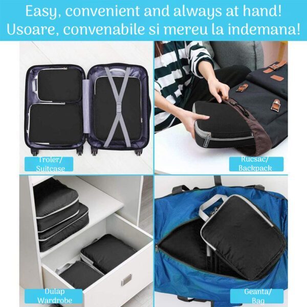 Set 6 huse organizare bagaj, Quasar & Co.®, impermeabile, sistem compresie/extensie cu fermoar, negru - imagine 8