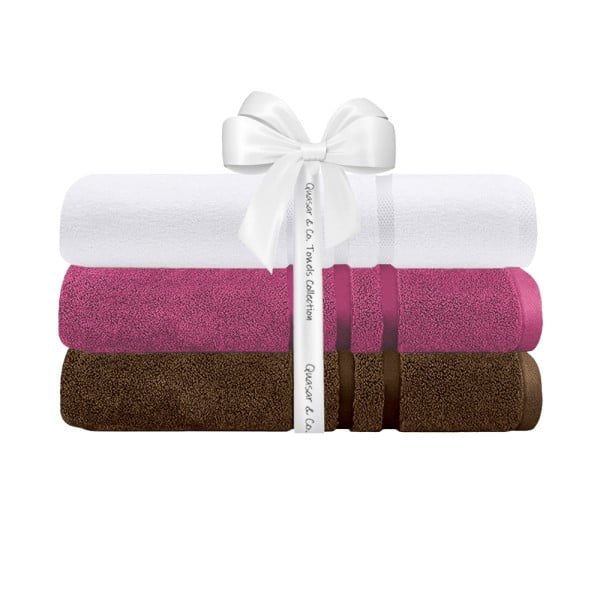 Set 3 prosoape Quasar & Co.®, 100% bumbac, 450 g/mp, 3 x 50 x 90 cm, maro-fucsia - imagine 2