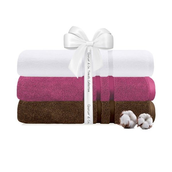 Set 3 prosoape Quasar & Co.®, 100% bumbac, 450 g/mp, 3 x 50 x 90 cm, maro-fucsia - imagine 1