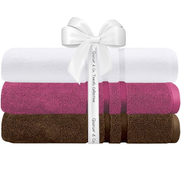 Set 3 prosoape Quasar & Co.®, 100% bumbac, 450 g/mp, 3 x 70 x 140 cm, maro-fucsia - imagine 2