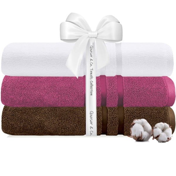 Set 3 prosoape Quasar & Co.®, 100% bumbac, 450 g/mp, 3 x 70 x 140 cm, maro-fucsia - imagine 1
