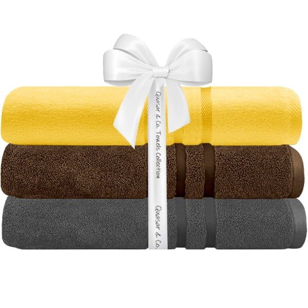 Set 3 prosoape Quasar & Co.®, 100% bumbac, 450 g/mp, 3 x 70 x 140 cm, gri-galben - imagine 2