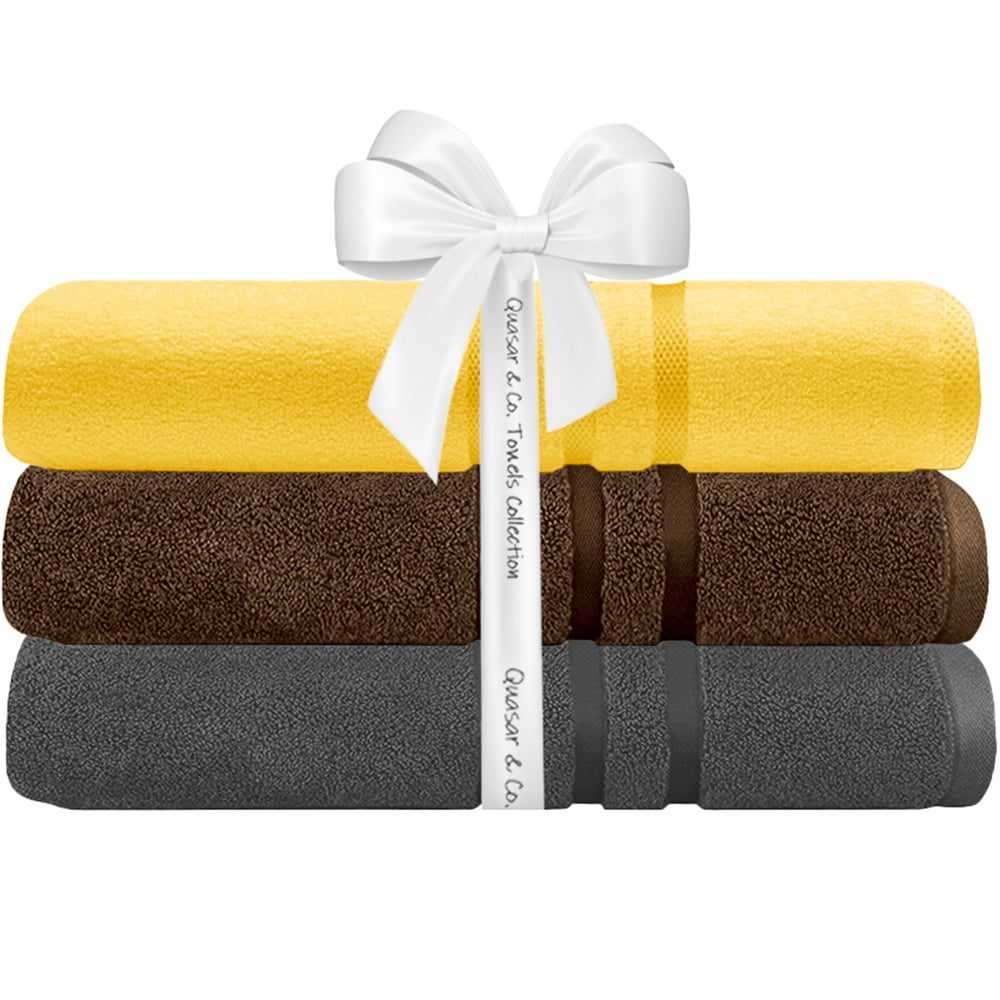 Set 3 prosoape Quasar & Co.®, 100% bumbac, 450 g/mp, 3 x 70 x 140 cm, gri-galben 2