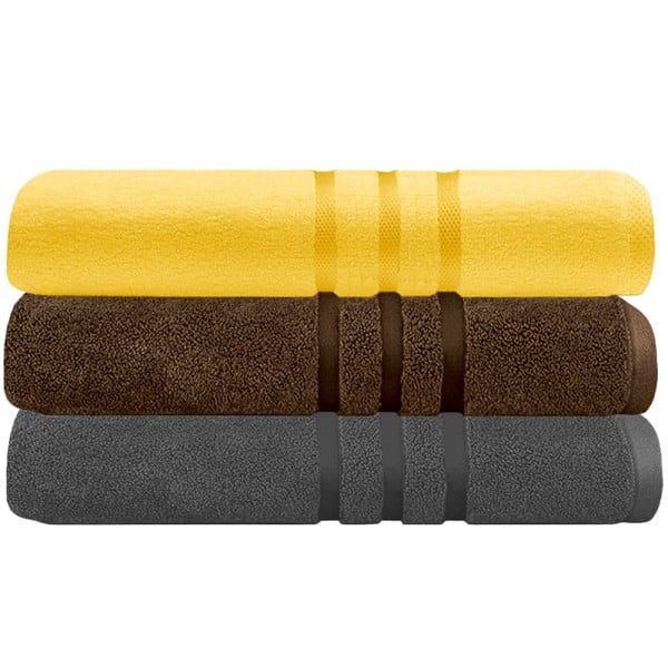 Set 3 prosoape Quasar & Co.®, 100% bumbac, 450 g/mp, 3 x 70 x 140 cm, gri-galben - imagine 3