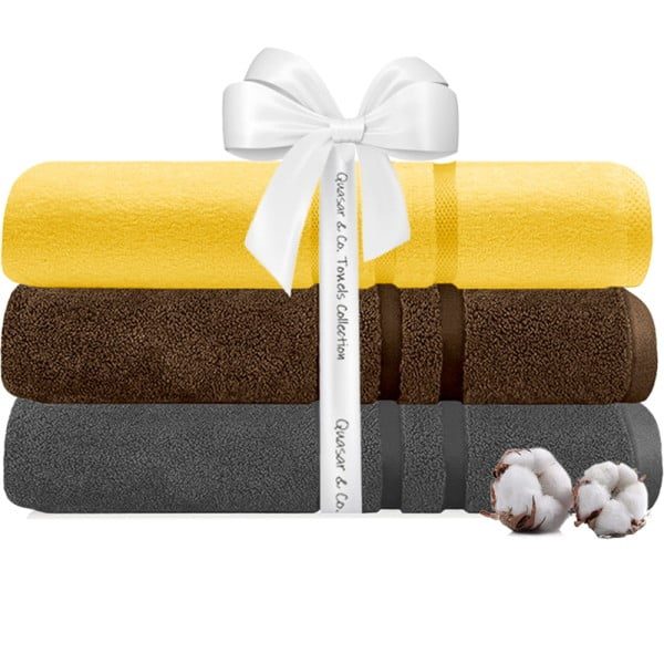 Set 3 prosoape Quasar & Co.®, 100% bumbac, 450 g/mp, 3 x 70 x 140 cm, gri-galben - imagine 1