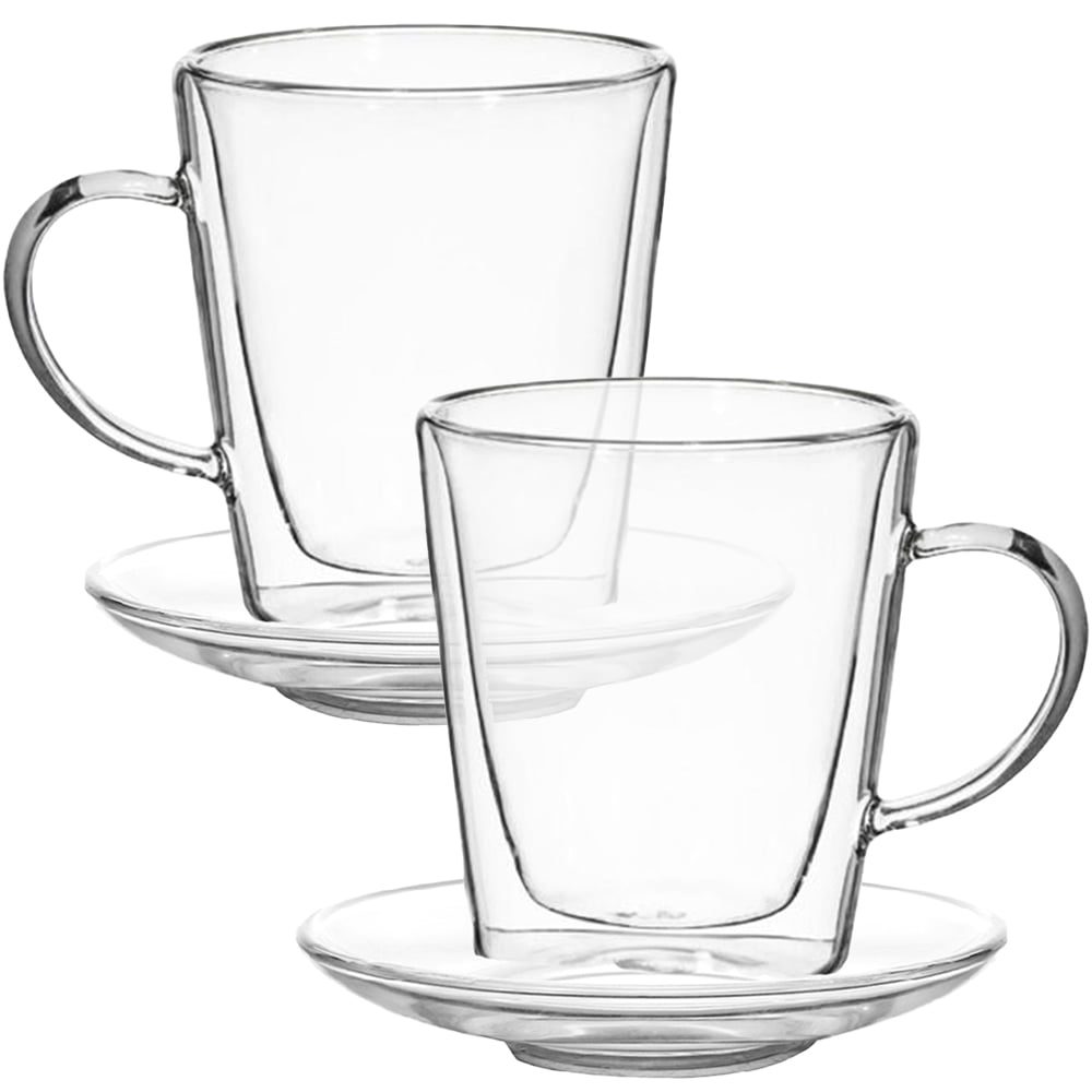 Set 2 cani si 2 farfurioare, Quasar & Co.®, model drept, cu pereti dubli, termorezistente, farfurioara 10.5 cm, sticla borosilicata, 250 ml, transparent 2