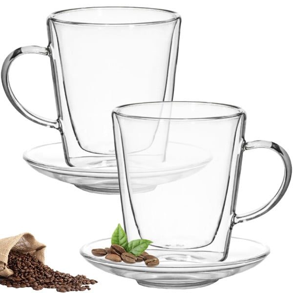 Set 2 cani si 2 farfurioare, Quasar & Co.®, model drept, cu pereti dubli, termorezistente, farfurioara 10.5 cm, sticla borosilicata, 250 ml, transparent - imagine 4