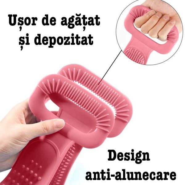 Set de baie 5 piese, Quasar & Co.®, 1 x perie corp, 1 x perie scalp, 1 x perie fata, 1 x perie buze, 1 x agatatoare, silicon, roz - imagine 3