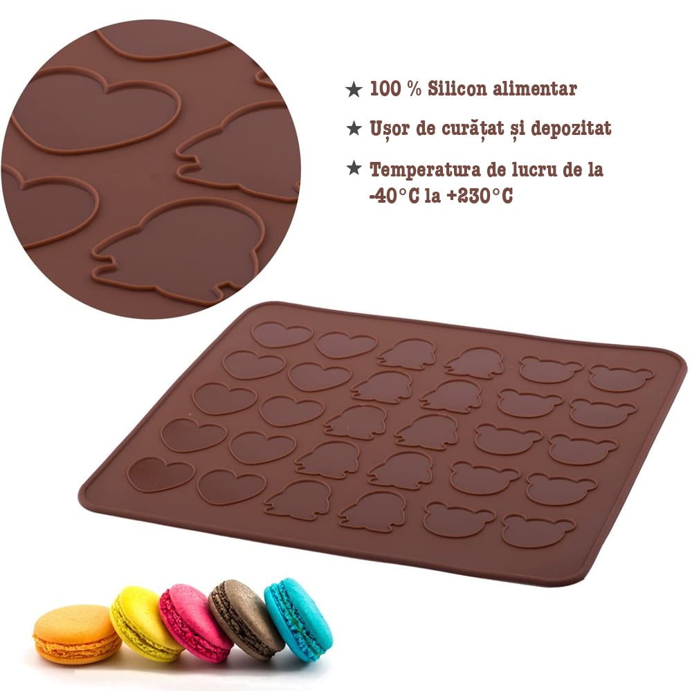 Tava copt macarons, Quasar & Co.®, 30 de forme, 10 x ursulet, 10 x pinguin, 10 x inima, pentru prajituri/fursecuri, rezistente la temperaturi de pana la 250 grade C,  28.5 x 25.5 cm 3